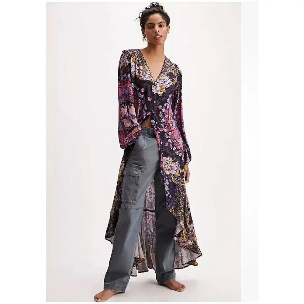 New Free People Marais Printed Midi Dress/Duster w/ Slip Sz: XS - NWOT Ret$168 - Picture 2 of 8